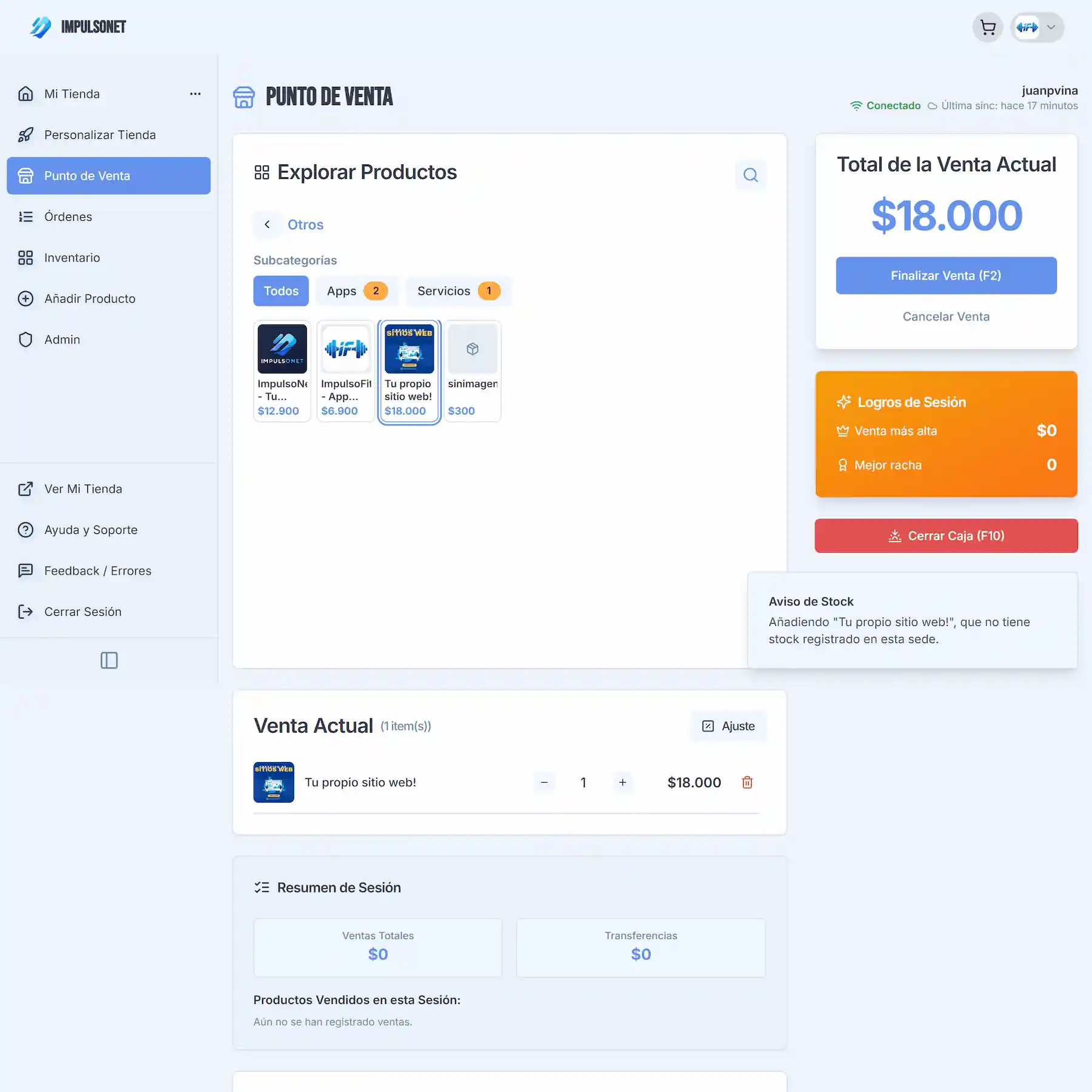 Interfaz del Punto de Venta en una tablet