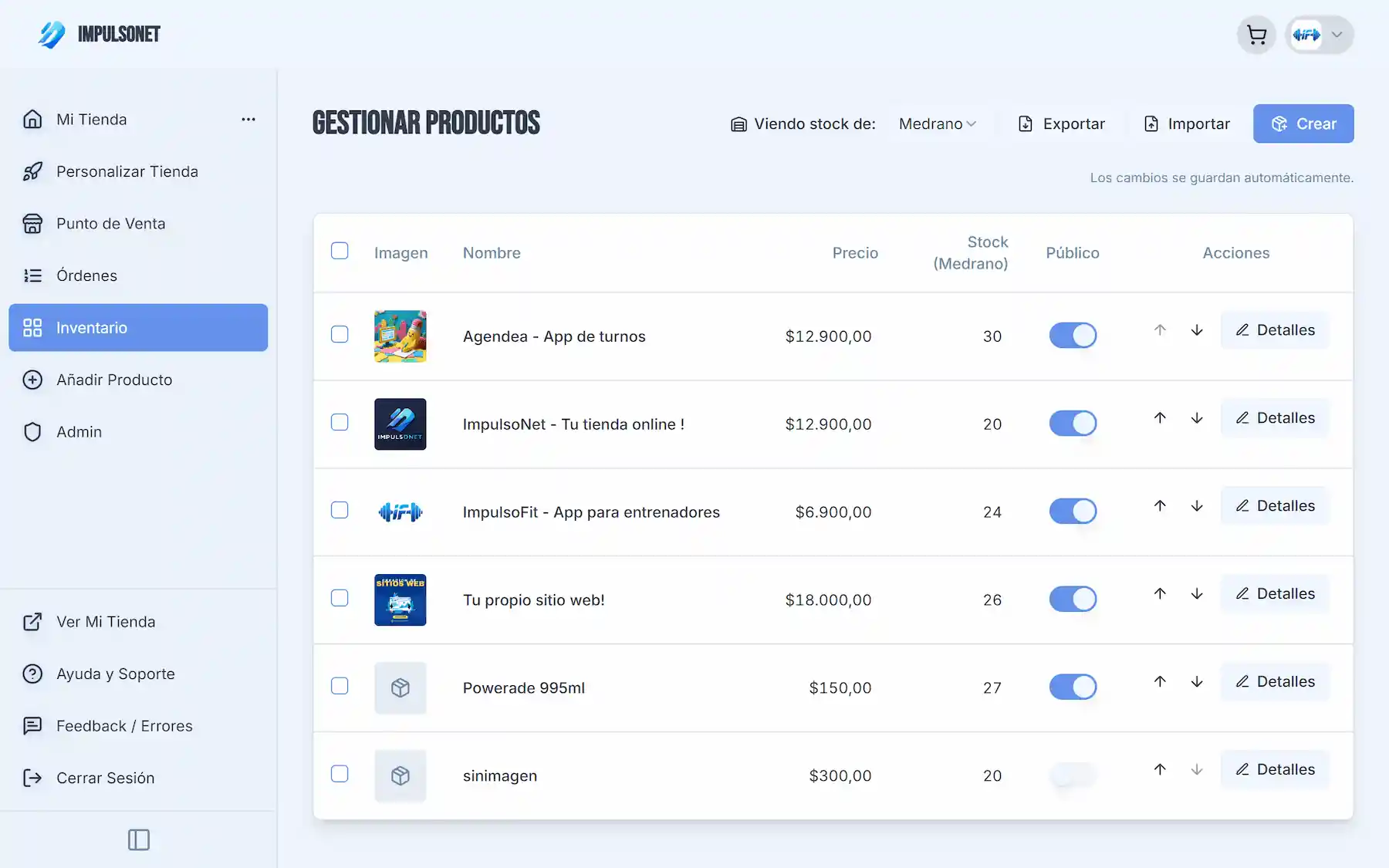 Panel de control de ImpulsoNET mostrando inventario