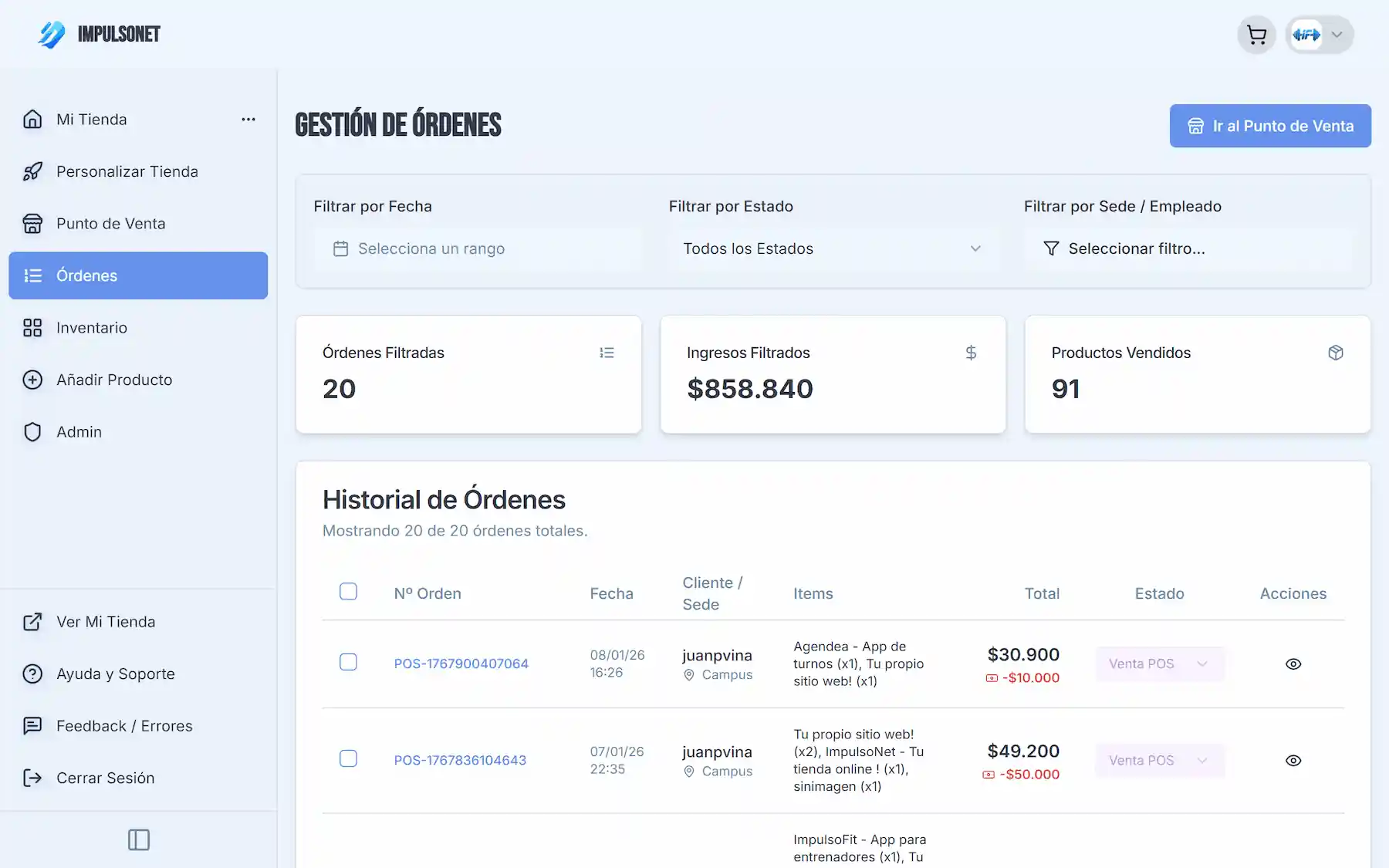 Panel de control de ImpulsoNET mostrando órdenes